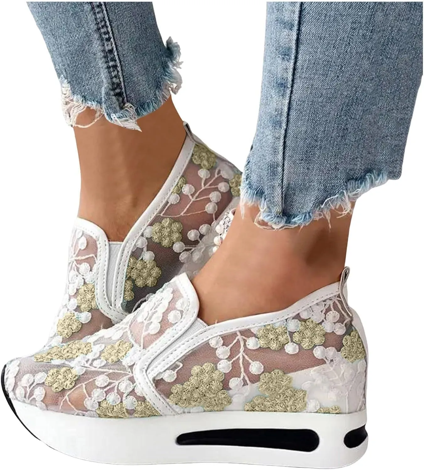 Platform Wedge Sneakers for Women Dressy Casual High Heel Loafers Floral Embroidery Tennis Shoes Breathable Walking Shoe Comfortable Sheer Mesh Slip on Shoe Chunky Sole Sneaker with Arch Support