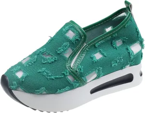Platform Wedge Sneakers for Women Floral Embroidery Tennis Shoes Sheer Mesh High Heel Slip on Loafers Breathable Chunky Sole Sneaker Dressy Casual Shoes Comfortable Walking Shoe