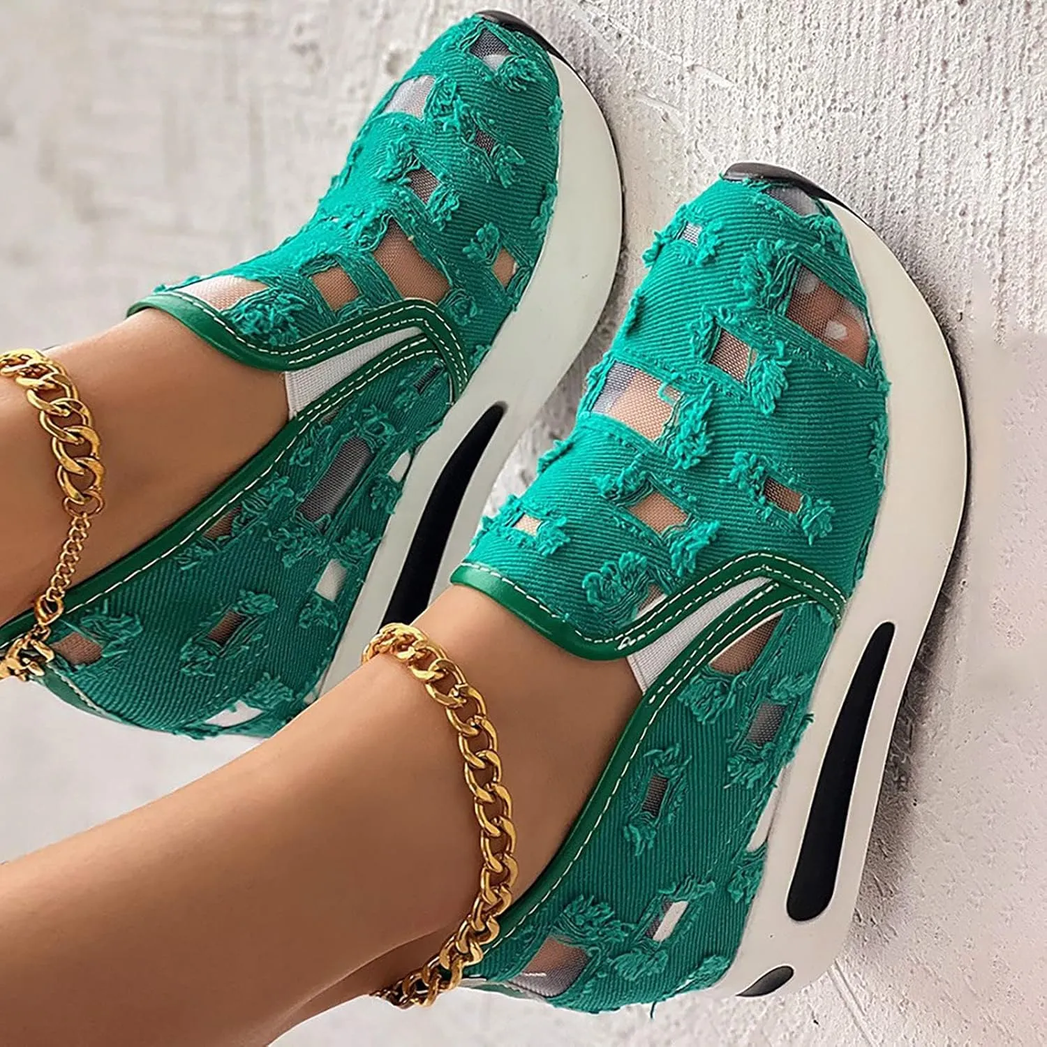 Platform Wedge Sneakers for Women Floral Embroidery Tennis Shoes Sheer Mesh High Heel Slip on Loafers Breathable Chunky Sole Sneaker Dressy Casual Shoes Comfortable Walking Shoe