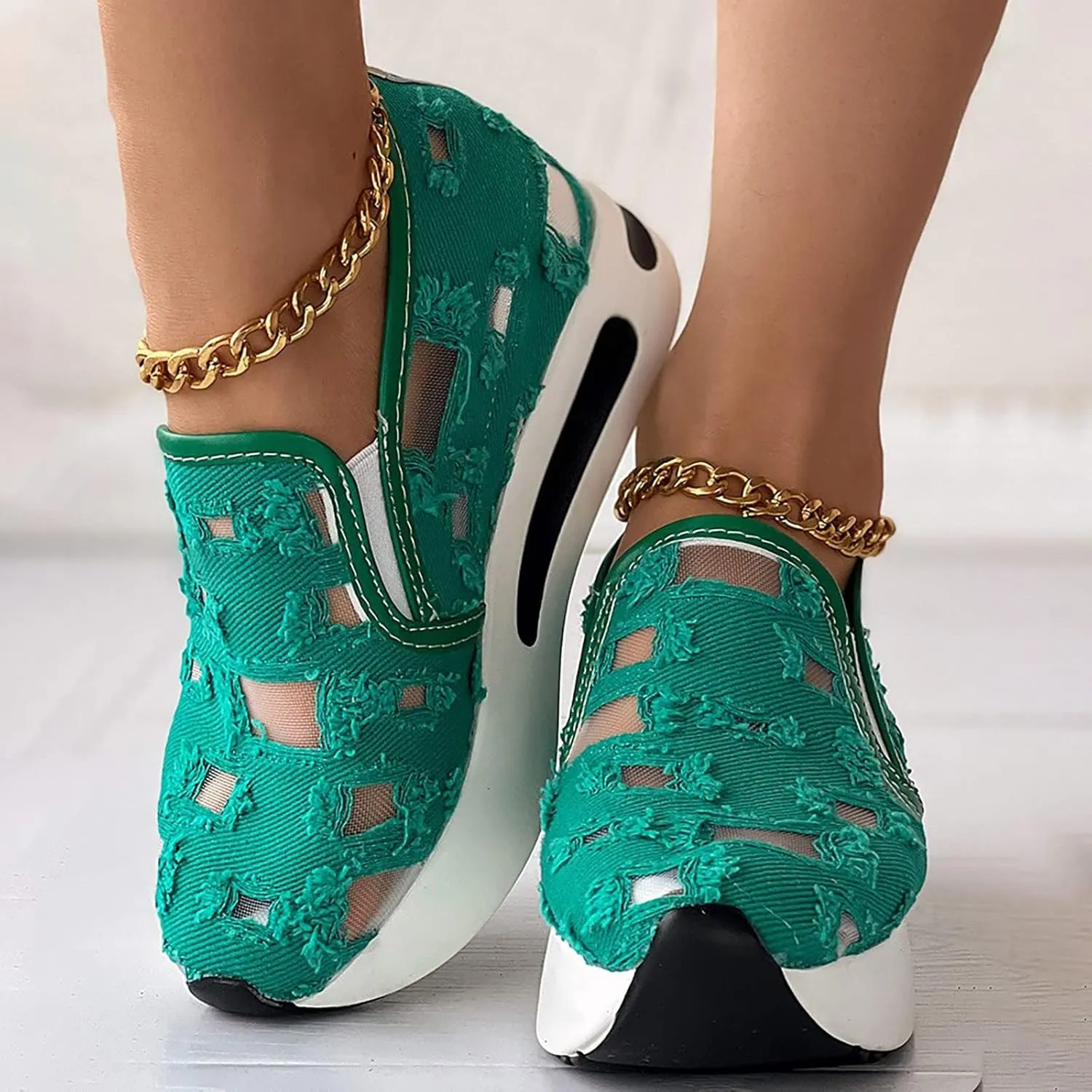 Platform Wedge Sneakers for Women Floral Embroidery Tennis Shoes Sheer Mesh High Heel Slip on Loafers Breathable Chunky Sole Sneaker Dressy Casual Shoes Comfortable Walking Shoe
