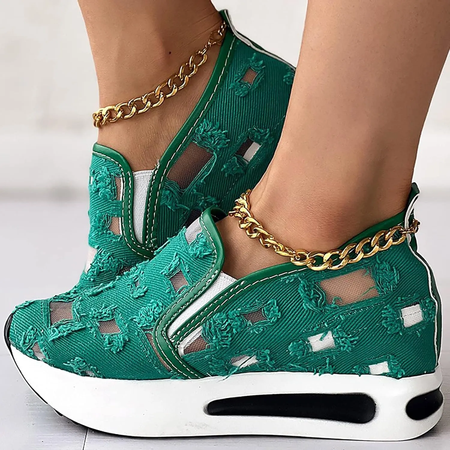 Platform Wedge Sneakers for Women Floral Embroidery Tennis Shoes Sheer Mesh High Heel Slip on Loafers Breathable Chunky Sole Sneaker Dressy Casual Shoes Comfortable Walking Shoe