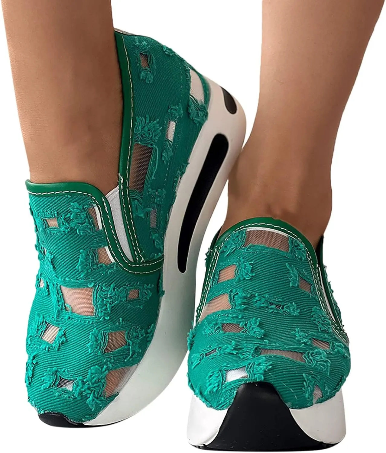 Platform Wedge Sneakers for Women Floral Embroidery Tennis Shoes Sheer Mesh High Heel Slip on Loafers Breathable Chunky Sole Sneaker Dressy Casual Shoes Comfortable Walking Shoe