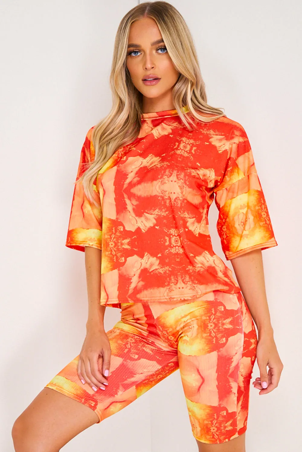 Red & Orange Abstract Tie Dye Print T-shirt and Shorts Co-Ord Set