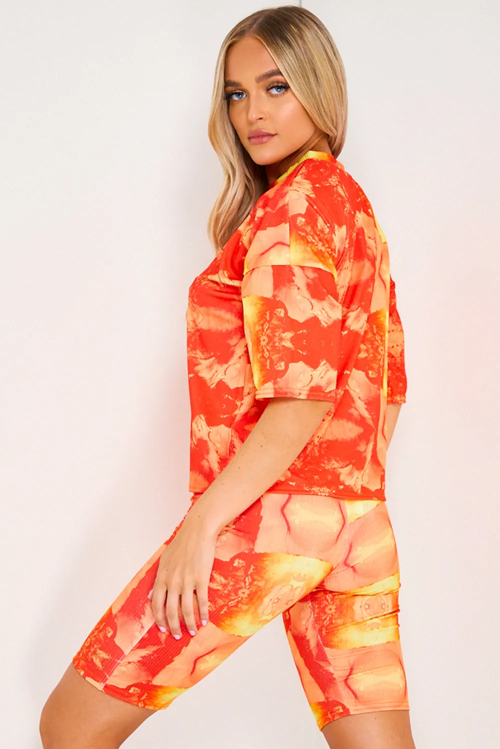 Red & Orange Abstract Tie Dye Print T-shirt and Shorts Co-Ord Set
