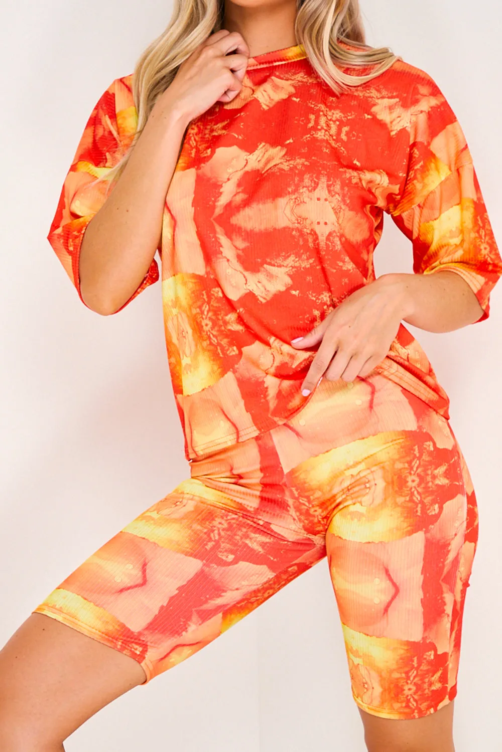 Red & Orange Abstract Tie Dye Print T-shirt and Shorts Co-Ord Set