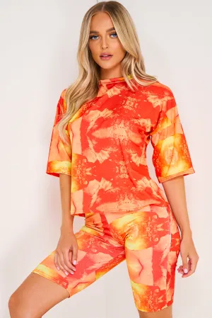 Red & Orange Abstract Tie Dye Print T-shirt and Shorts Co-Ord Set