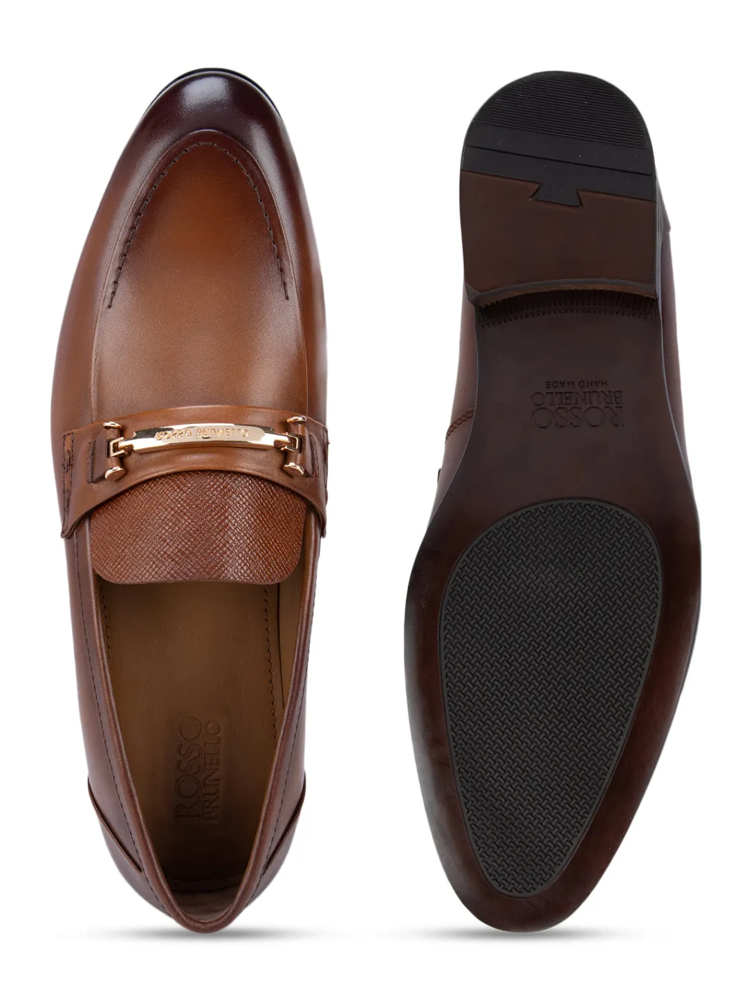 Tan Leather Loafers With Gold Buckle