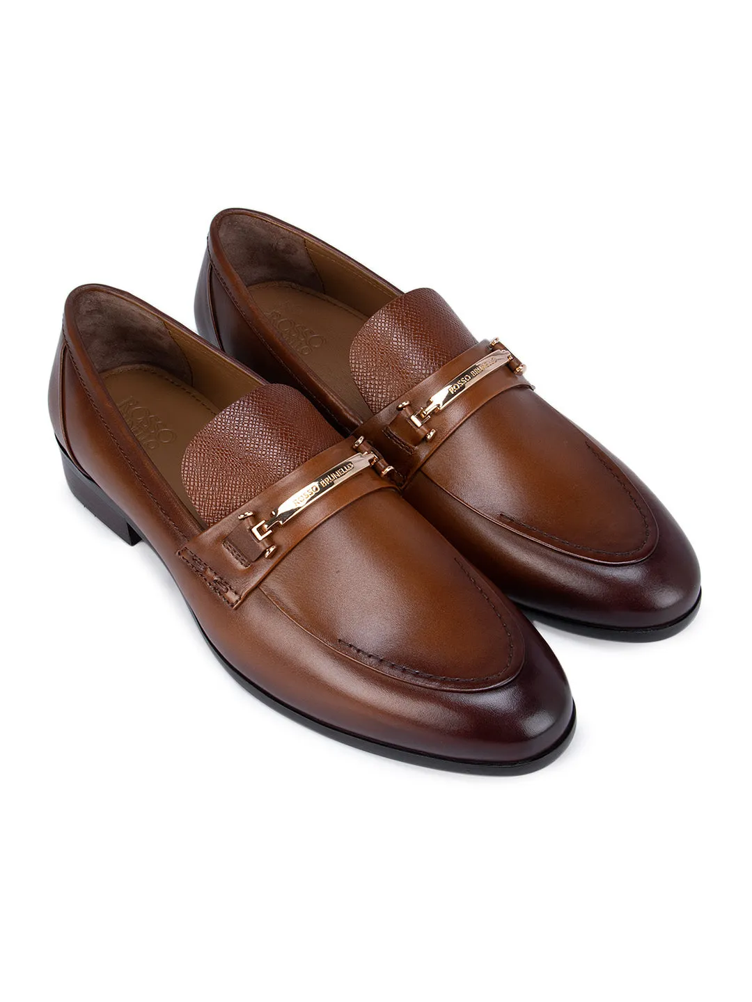 Tan Leather Loafers With Gold Buckle