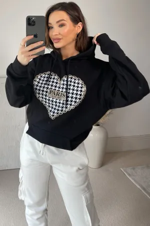 Tasima Black Paris Printed Heart Slogan Hoodie