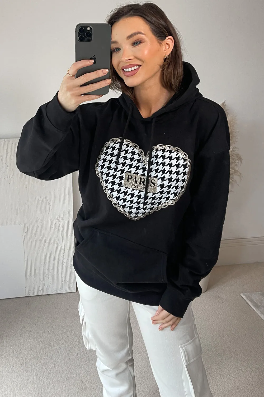 Tasima Black Paris Printed Heart Slogan Hoodie