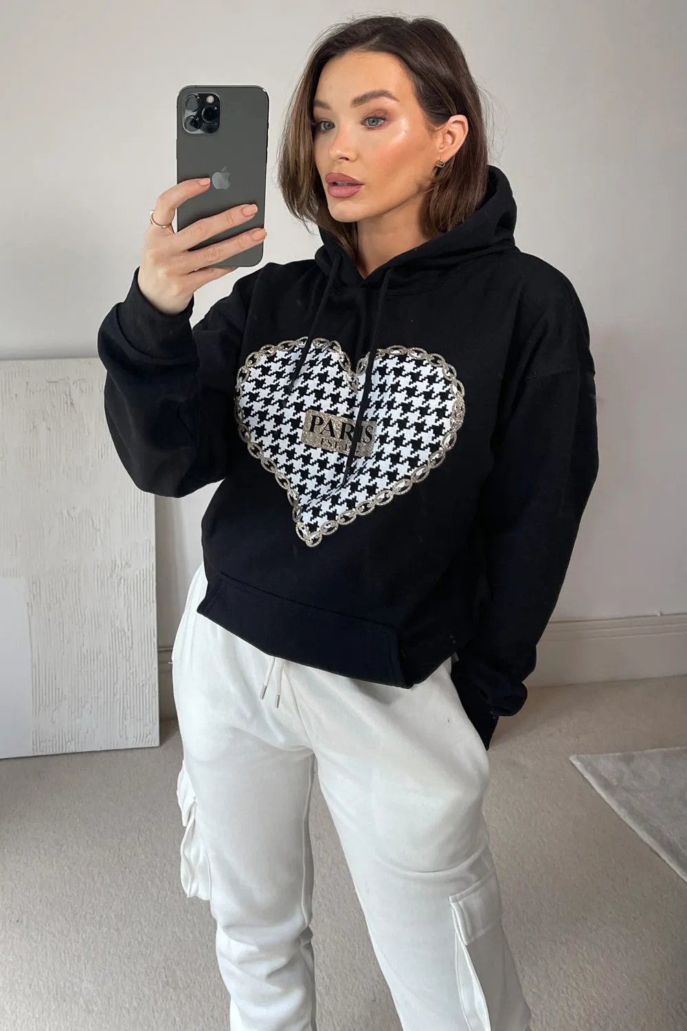 Tasima Black Paris Printed Heart Slogan Hoodie