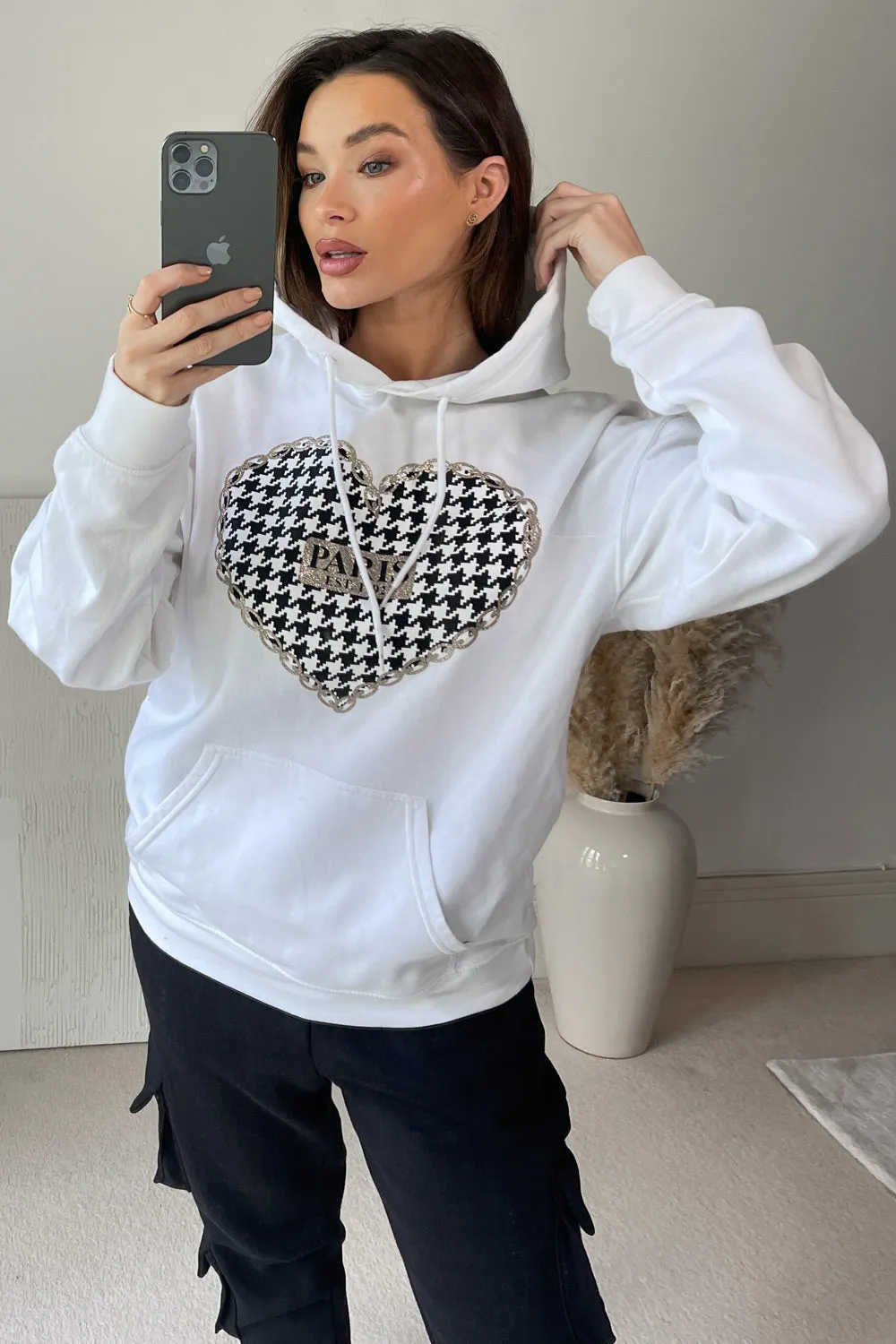 Tasima White Paris Printed Heart Slogan Hoodie