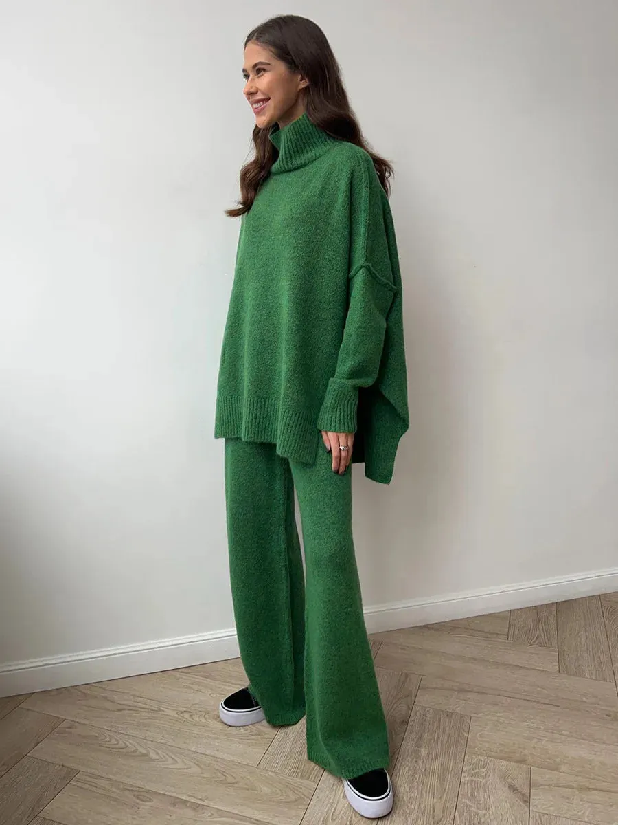 Taupe Knit Two-Piece Loungewear Set  High-Neck Jumper and Wide-Leg Trousers