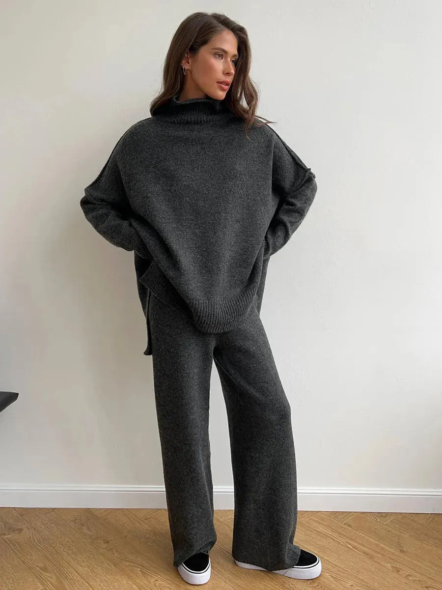 Taupe Knit Two-Piece Loungewear Set  High-Neck Jumper and Wide-Leg Trousers