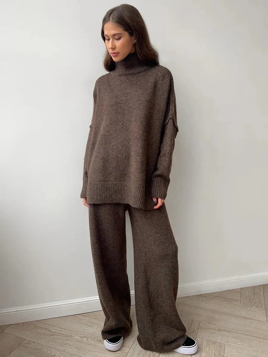 Taupe Knit Two-Piece Loungewear Set  High-Neck Jumper and Wide-Leg Trousers
