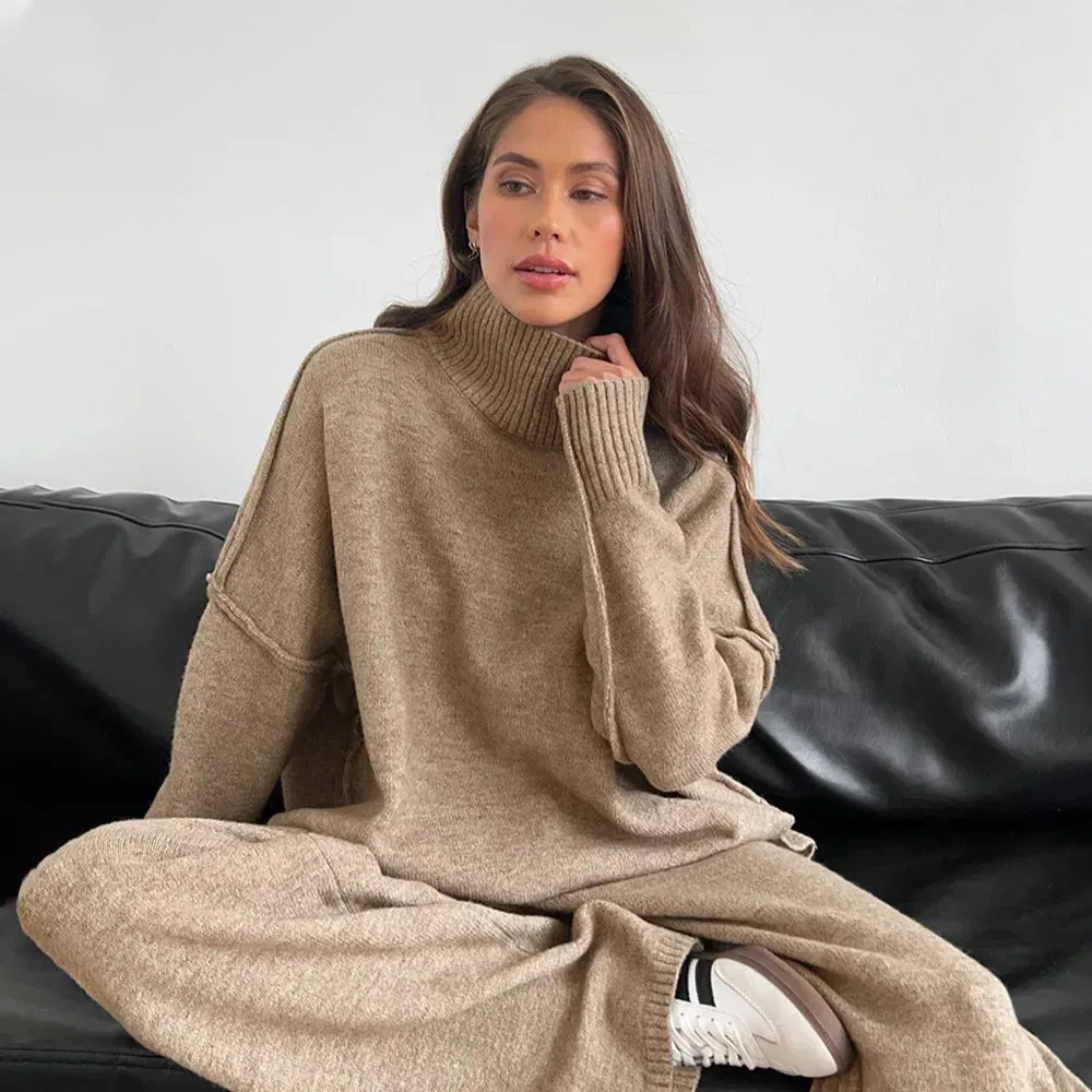 Taupe Knit Two-Piece Loungewear Set  High-Neck Jumper and Wide-Leg Trousers