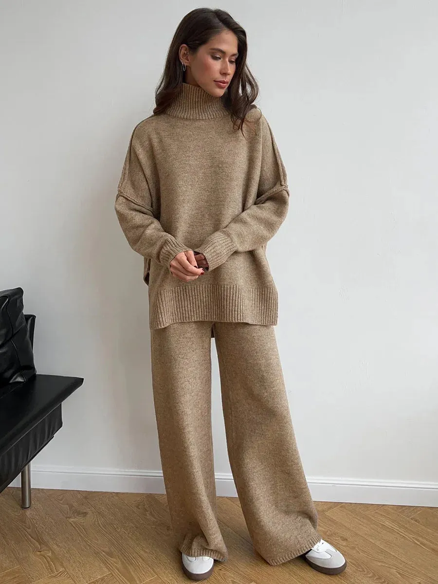 Taupe Knit Two-Piece Loungewear Set  High-Neck Jumper and Wide-Leg Trousers