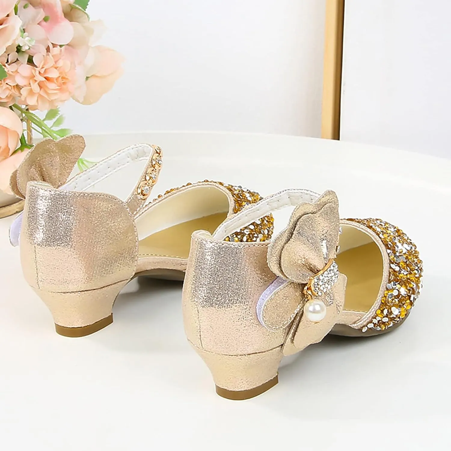 Toddler Girls Mary Jane Dress Shoes Rhinestones Bows Flower Girl Wedding Low Heels Pump Shoes Toddler Sandals Kids