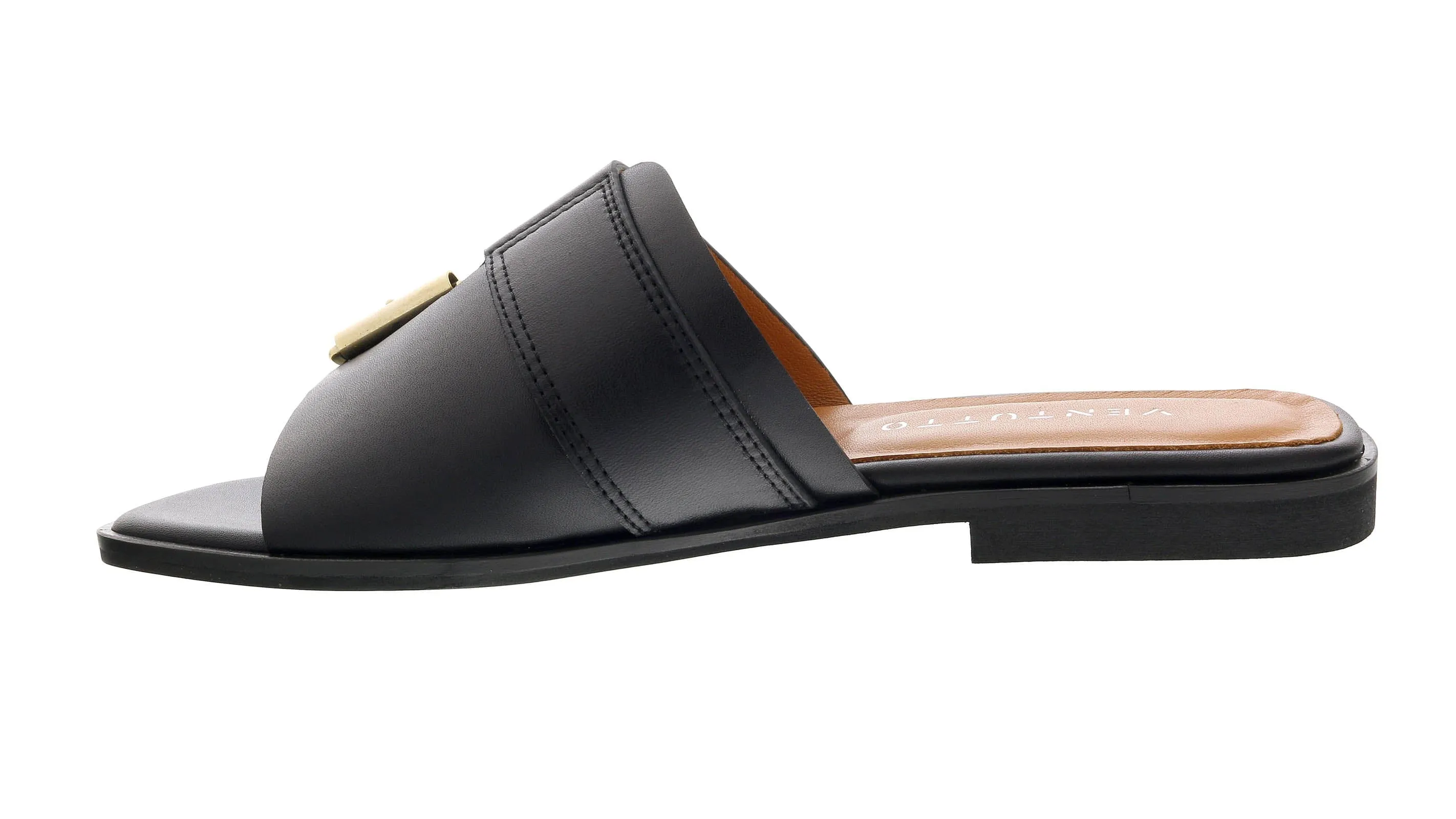 Ventutto Black Buckle Flat Leather Slide-