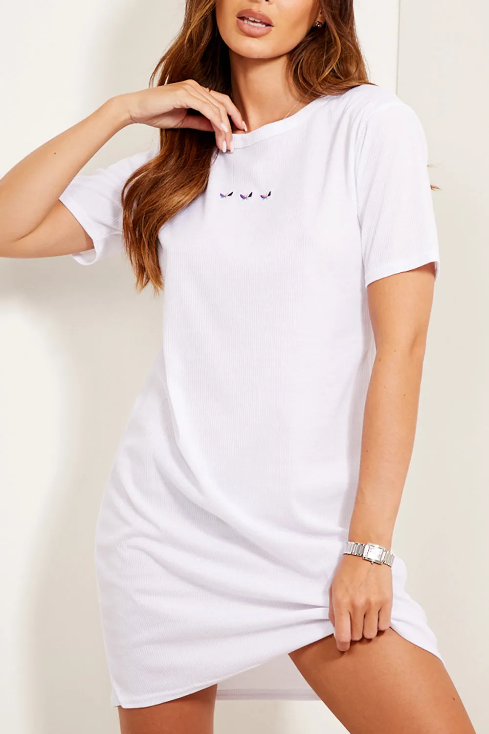 White Butterfly Motif Ribbed T-Shirt Dress