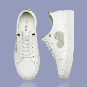White Leather Sneakers with Heart Shaped Crystal | Silver