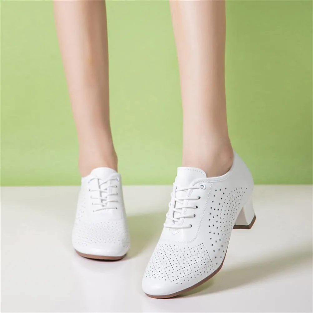 Women Dance Shoes, Breathable Lightweight Leather Dancing Sports Trainers Low Top Waking Casual Footwear