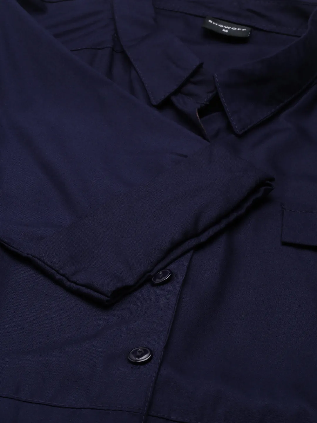 Women Navy Blue Shirt Collar Roll-Up Sleeves A-Line Dress