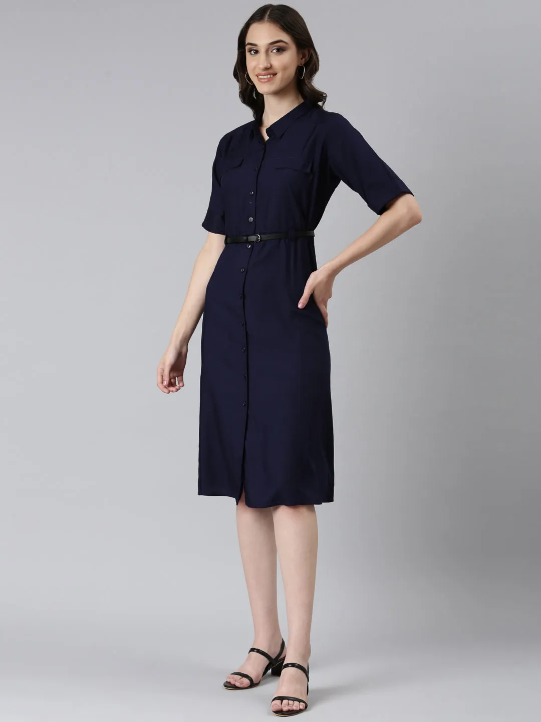 Women Navy Blue Shirt Collar Roll-Up Sleeves A-Line Dress