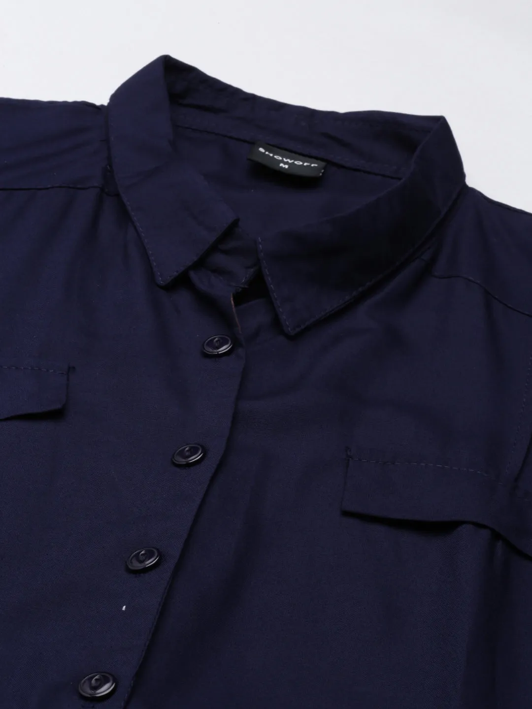 Women Navy Blue Shirt Collar Roll-Up Sleeves A-Line Dress