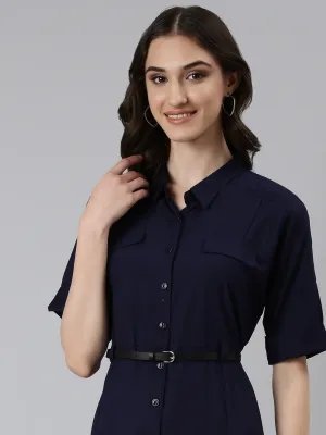 Women Navy Blue Shirt Collar Roll-Up Sleeves A-Line Dress