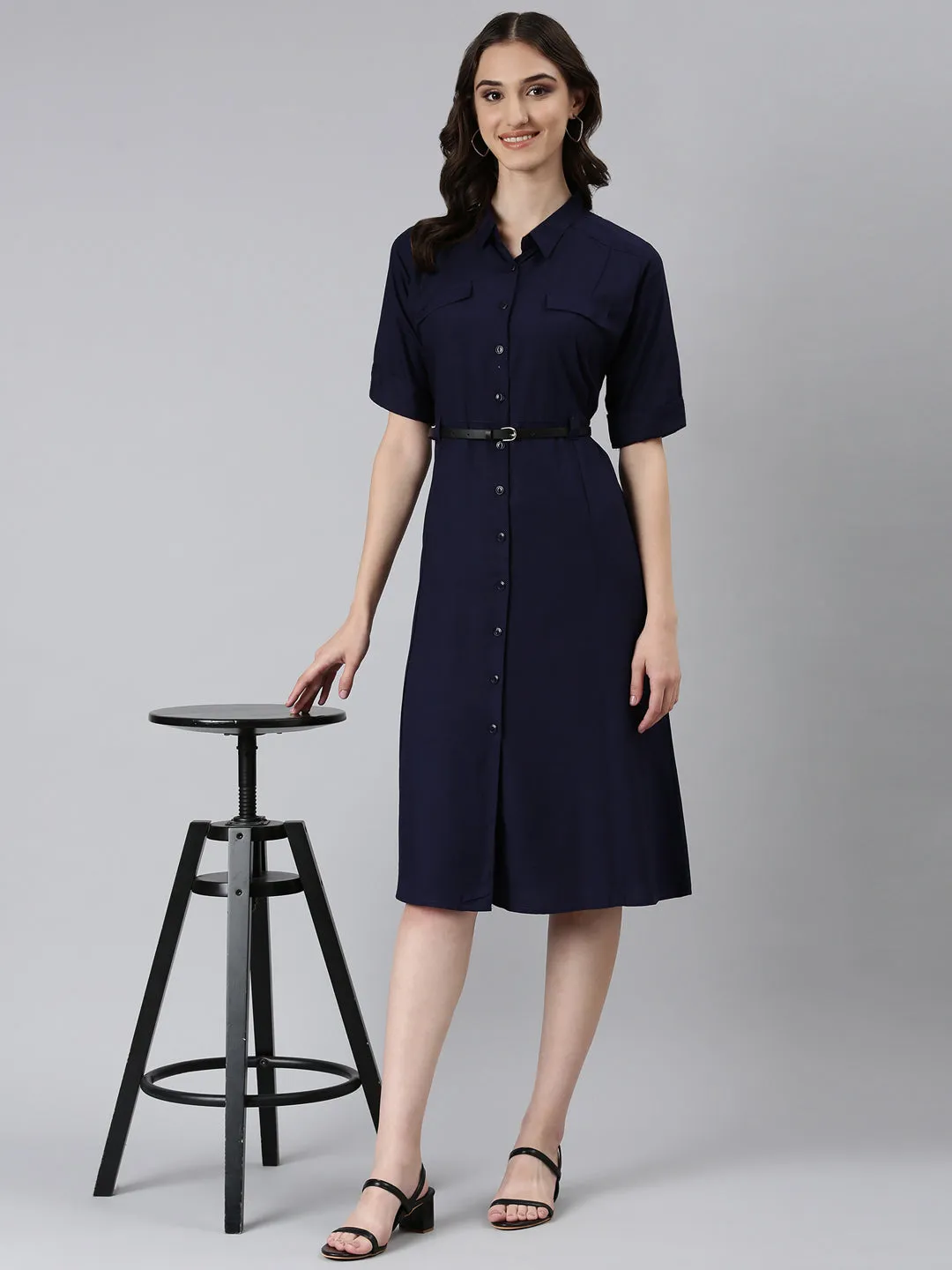 Women Navy Blue Shirt Collar Roll-Up Sleeves A-Line Dress
