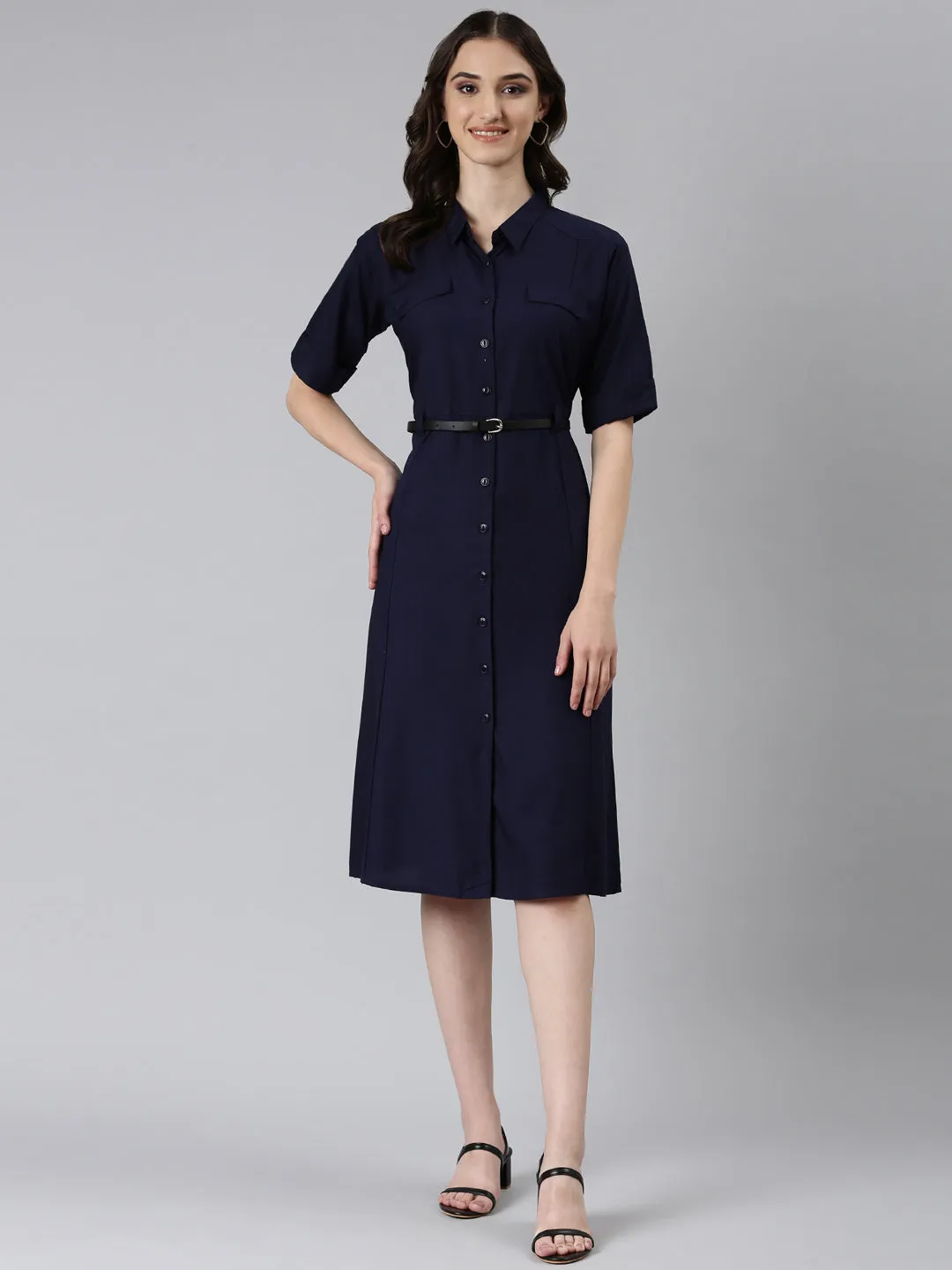 Women Navy Blue Shirt Collar Roll-Up Sleeves A-Line Dress