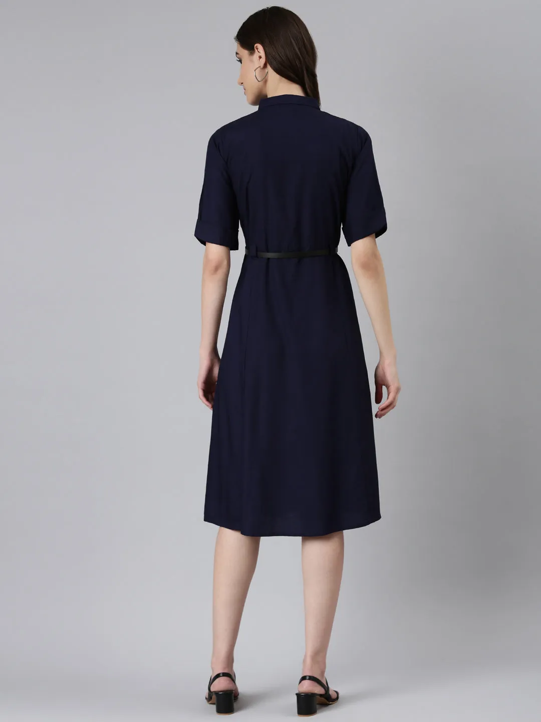 Women Navy Blue Shirt Collar Roll-Up Sleeves A-Line Dress