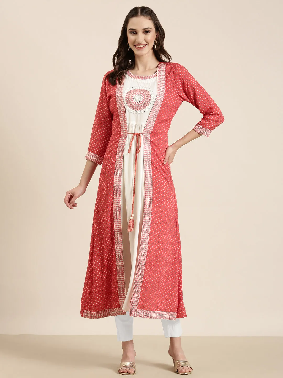 Women Off White Sleeveless Anarkali Kurta