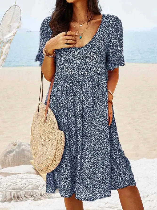 Women's Midi Dress - V-Neck - Short Sleeve - Floral Print - Relaxed Fit - Lightweight