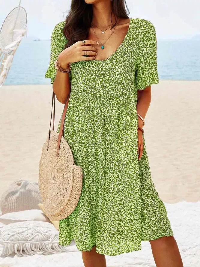 Women's Midi Dress - V-Neck - Short Sleeve - Floral Print - Relaxed Fit - Lightweight