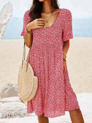 Women's Midi Dress - V-Neck - Short Sleeve - Floral Print - Relaxed Fit - Lightweight