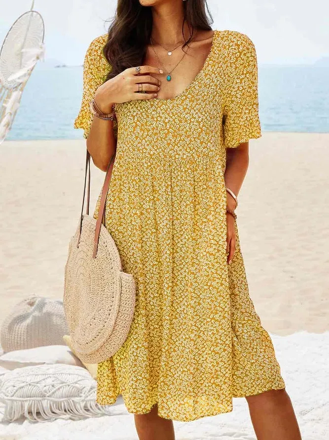 Women's Midi Dress - V-Neck - Short Sleeve - Floral Print - Relaxed Fit - Lightweight