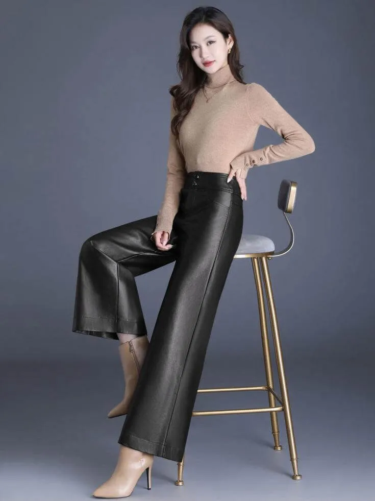 Women's Wide Leg Leather Look Trousers