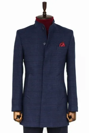 WSS Standing Collar Checked Navy Blue Men Coat  - Singen