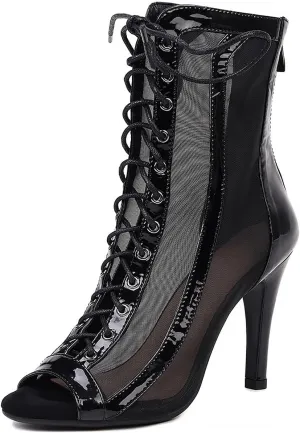 YKXLM Latin Dance Boots Salsa Women Ballroom Lace-up Ankle Open Toe Dance Shoes,953,3 inch Heel,Black,5.5 US