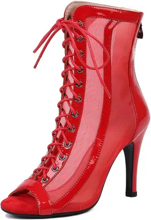 YKXLM Latin Dance Boots Salsa Women Ballroom Lace-up Ankle Open Toe Dance Shoes,953,3 inch Heel,Red,5 US