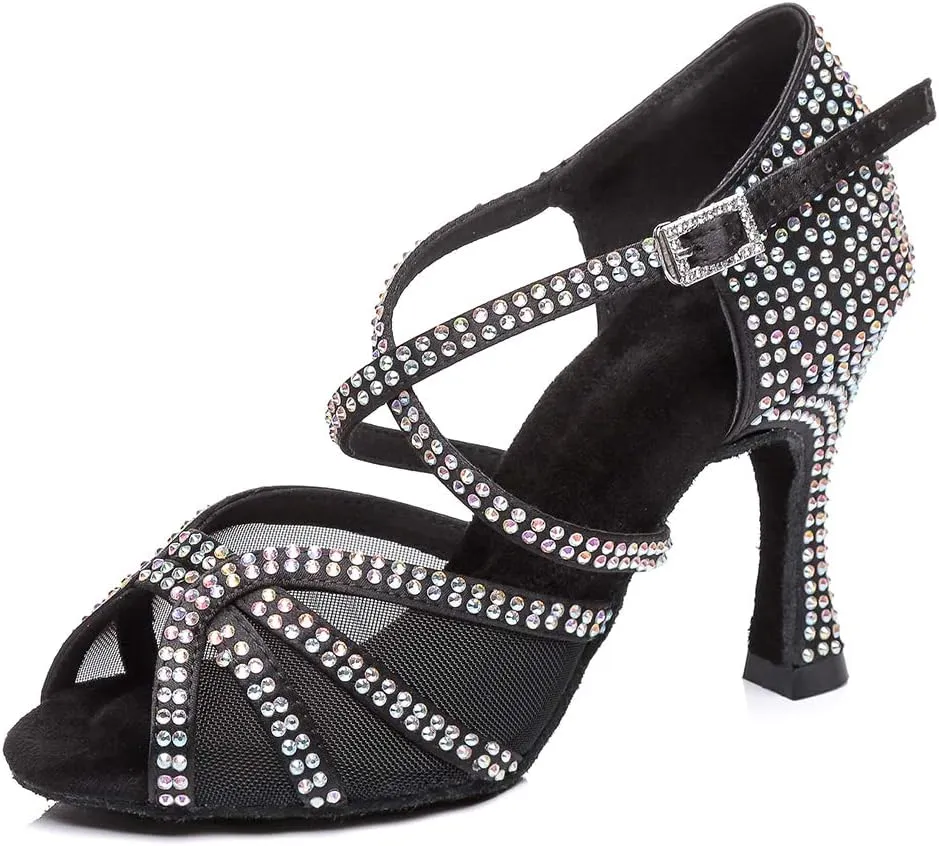 YKXLM Women Latin Dance Shoes Ballroom Salsa Bachata Performance Dance Shoes with Rhinestones,L424