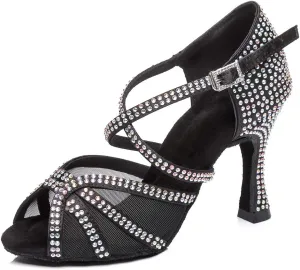 YKXLM Women Latin Dance Shoes Ballroom Salsa Bachata Performance Dance Shoes with Rhinestones,L424