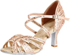 YKXLM Women Latin Dance Shoes Ballroom Salsa Bachata Performance Dance Shoes with Rhinestones,L424