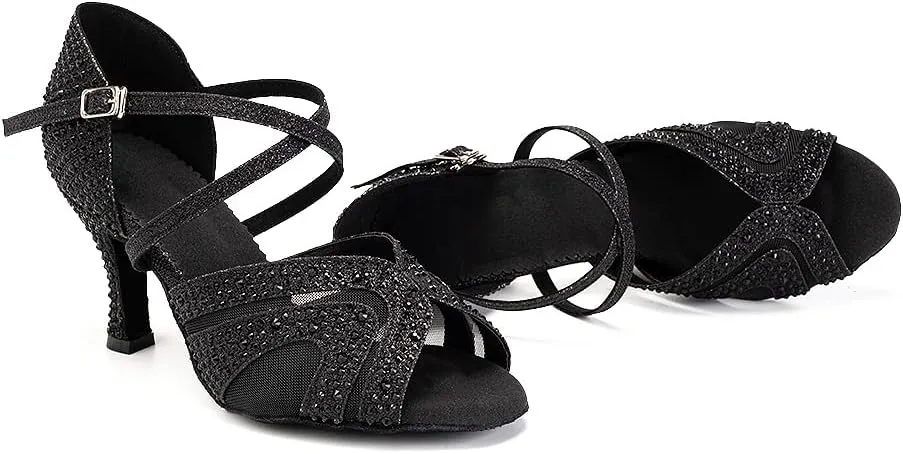 YKXLM Women Latin Dance Shoes Open Toe Rhinestone Glitter Crossing Strap Ballroom Dancing Shoes,1025