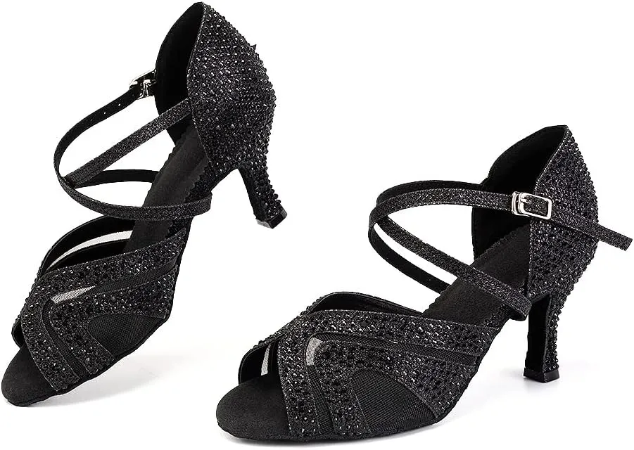 YKXLM Women Latin Dance Shoes Open Toe Rhinestone Glitter Crossing Strap Ballroom Dancing Shoes,1025