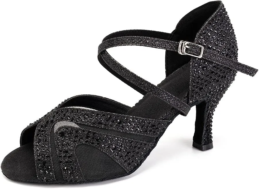 YKXLM Women Latin Dance Shoes Open Toe Rhinestone Glitter Crossing Strap Ballroom Dancing Shoes,1025