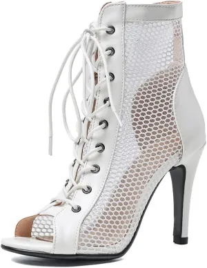 YKXLM Women Open Toe Dance Boots Latin Salsa Ballroom Lace-up Ankle Dance Shoes,B55,4 inch Heel.5,White,4.5 US