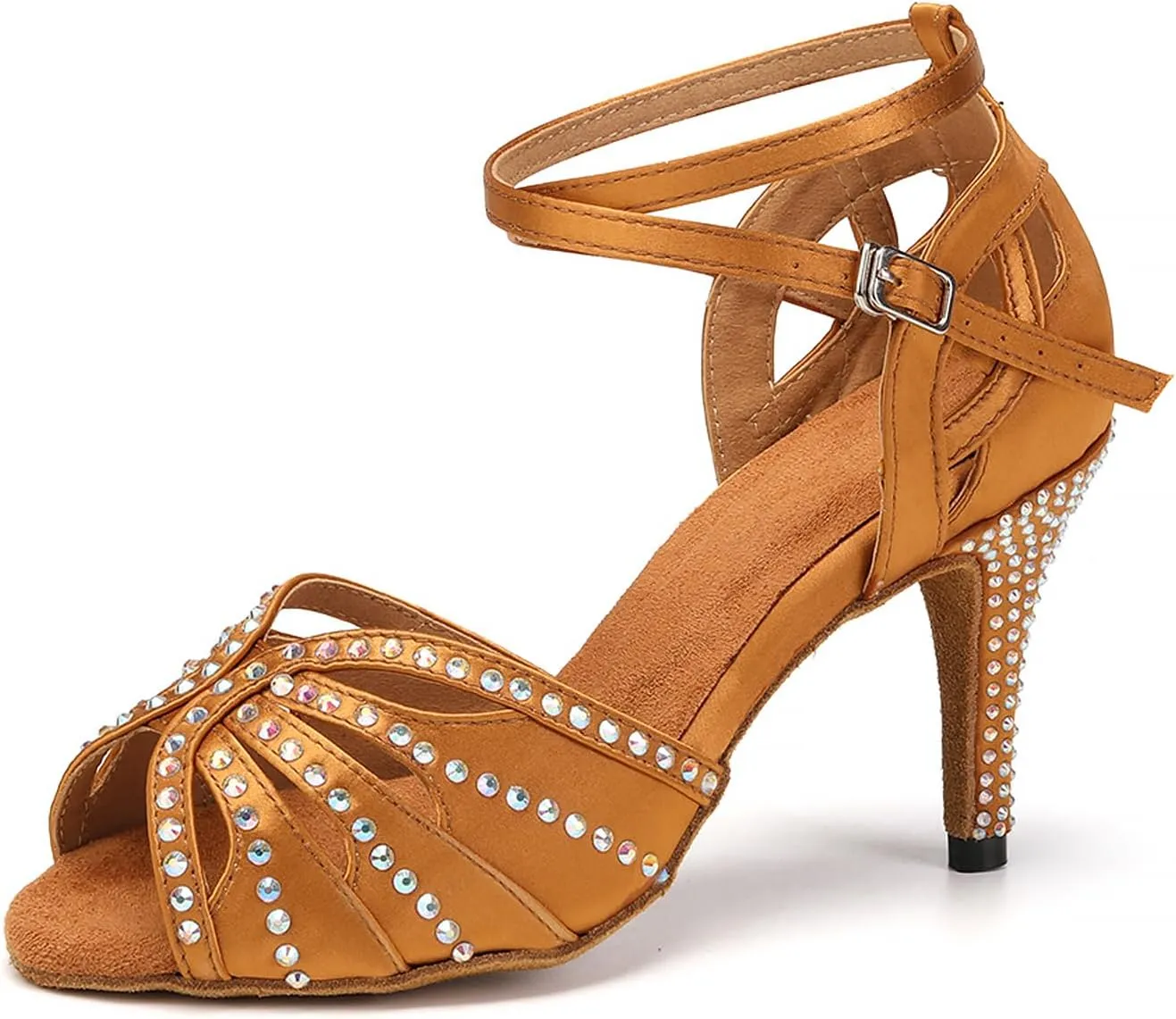 YKXLM Women Rhinestone Ballroom Dance Shoes Latin Performance Dance Shoes Women Suede Sole,L162,3 1/3 inches Heel,Brown,5.5 US